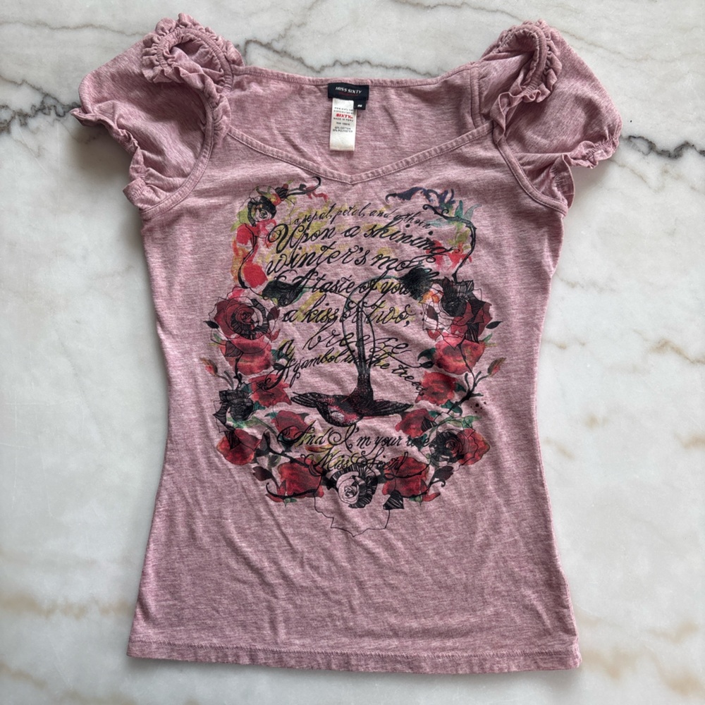 Miss Sixty Y2K Pink GraphicTop Ruffled Fairycore Grunge Coquette Aesthetic Small